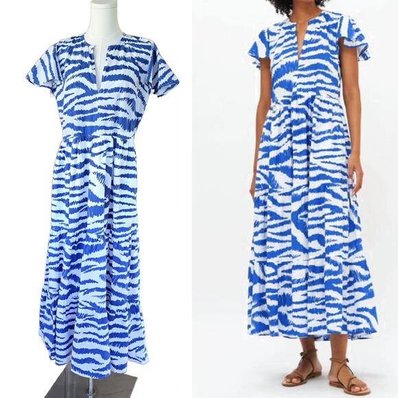 Oliphant Dresses & Skirts - OLIPHANT Dipsy V-Neck Maxi Dress Small Singita Blue White Tiered Flutter Sleeve
